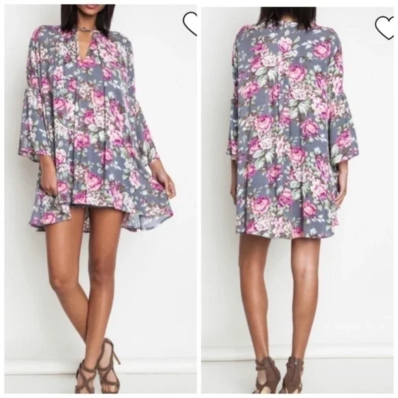 Umgee Grey Floral Dress/Tunic - Picture 1 of 6
